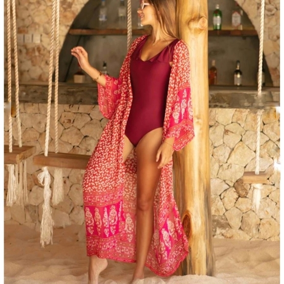 New Boho Tribal Sheer Chiffon Kimono Maxi Duster Jacket Cardigan Red Pink - Picture 1 of 14
